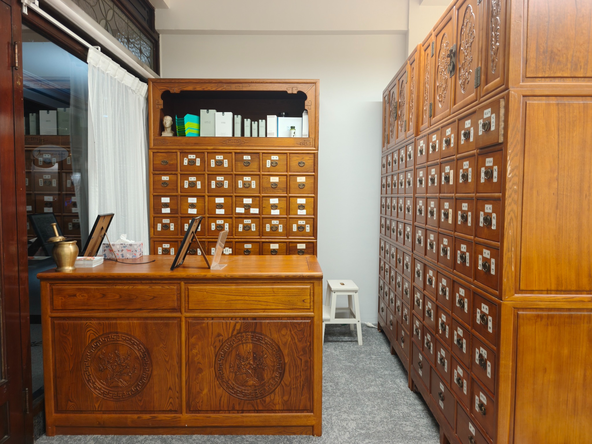 Traditional wooden Chinese herbal medicine cabinets at Binbin’s Acupuncture in Sydney CBD