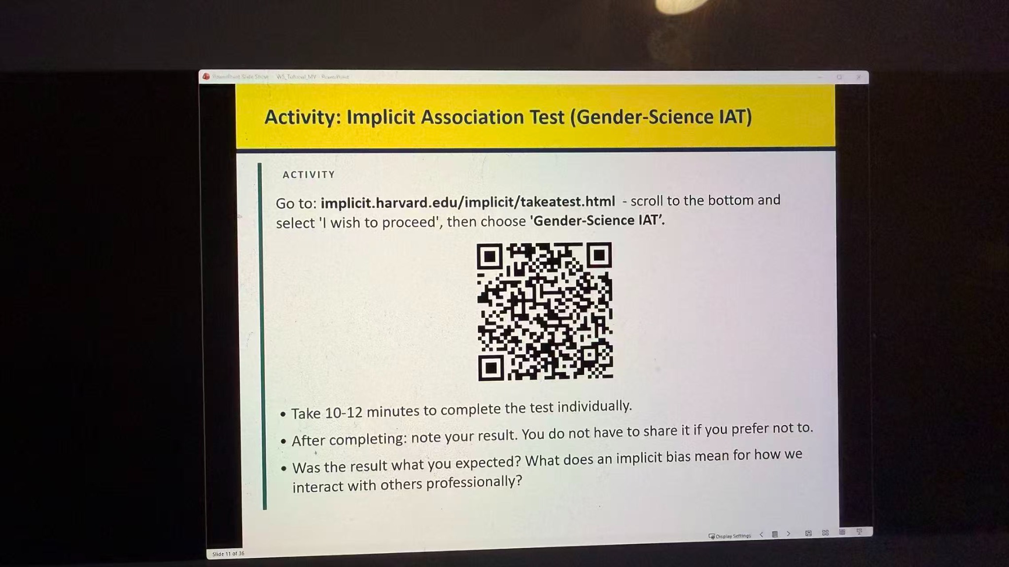 Educational slide introducing the Gender–Science Implicit Association Test